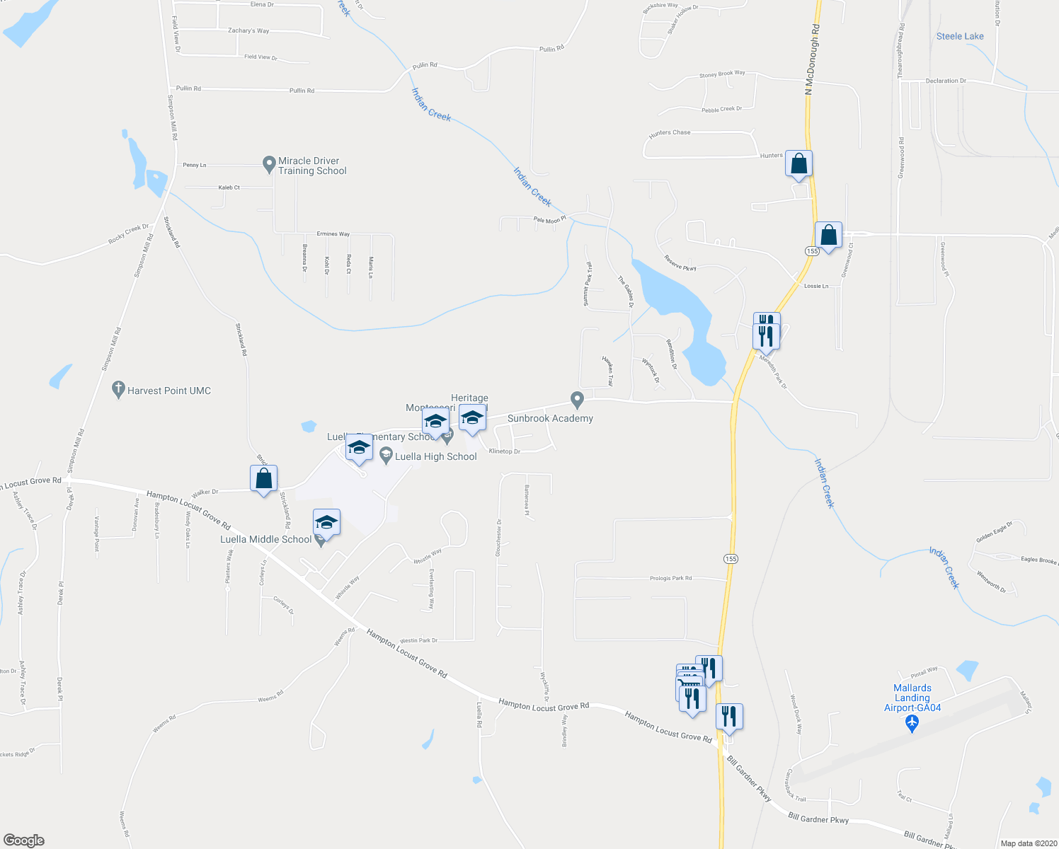 map of restaurants, bars, coffee shops, grocery stores, and more near 484 Cathedral Drive in McDonough