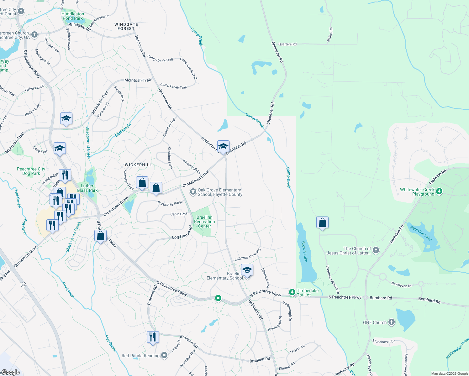 map of restaurants, bars, coffee shops, grocery stores, and more near 118 Meadowlark Trce in Peachtree City
