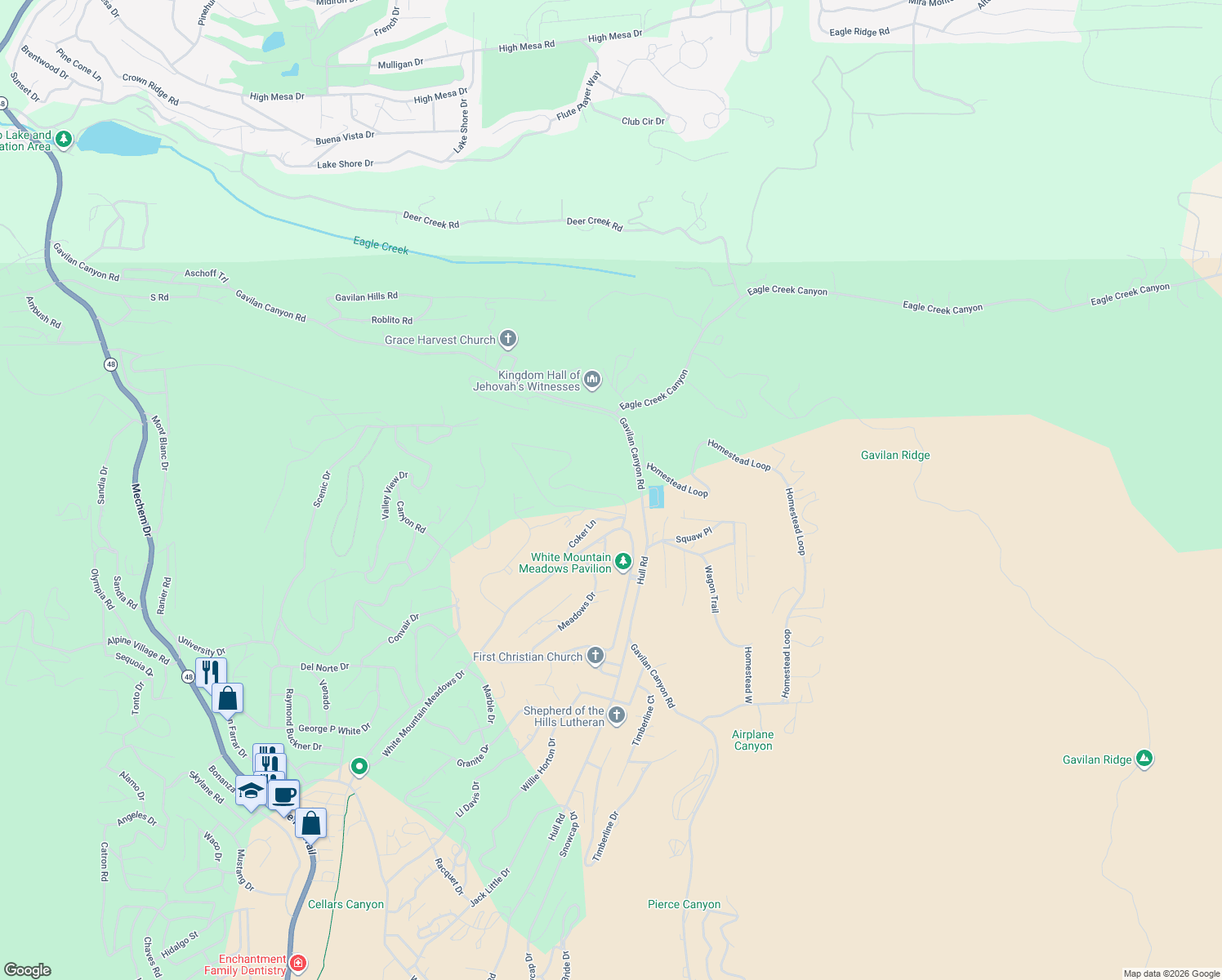 map of restaurants, bars, coffee shops, grocery stores, and more near 112 Top Side Drive in Ruidoso