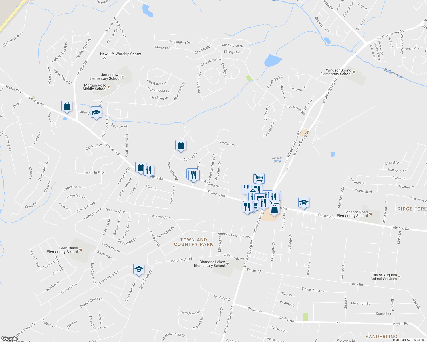 map of restaurants, bars, coffee shops, grocery stores, and more near 3618 Spanish Trace Drive in Hephzibah
