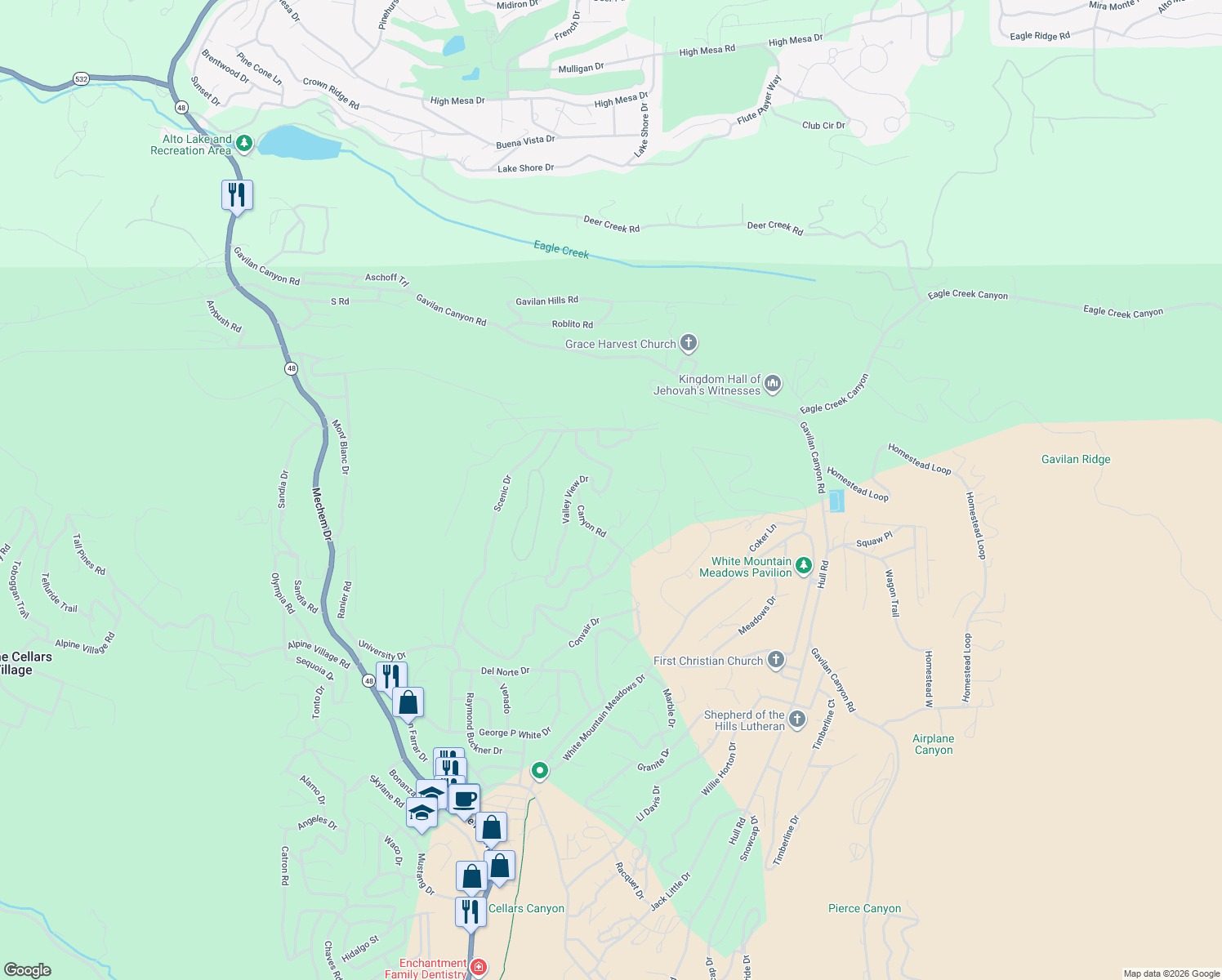 map of restaurants, bars, coffee shops, grocery stores, and more near 312 Valley View Drive in Ruidoso