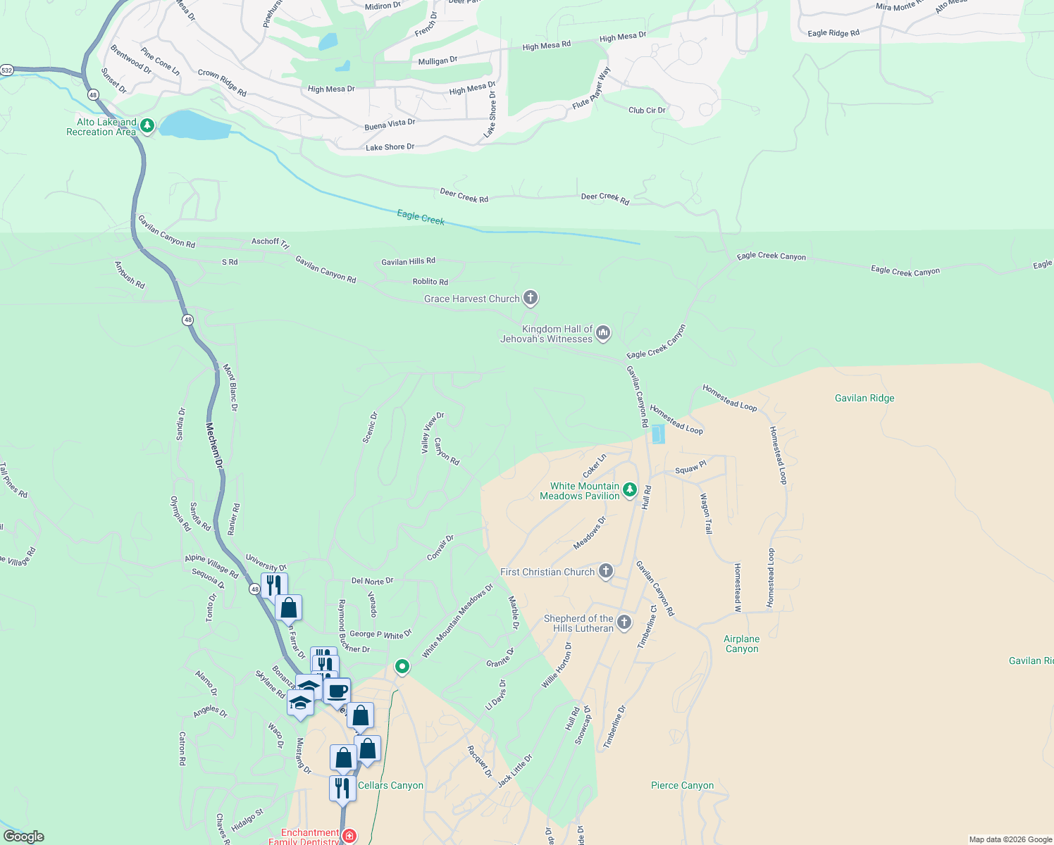 map of restaurants, bars, coffee shops, grocery stores, and more near 413 College Drive in Ruidoso