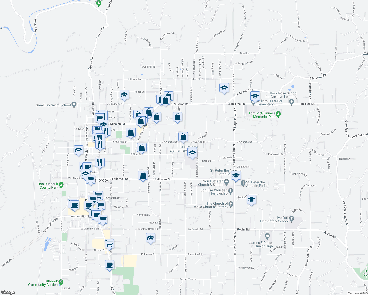 map of restaurants, bars, coffee shops, grocery stores, and more near 153-161 Gardenside Court in Fallbrook