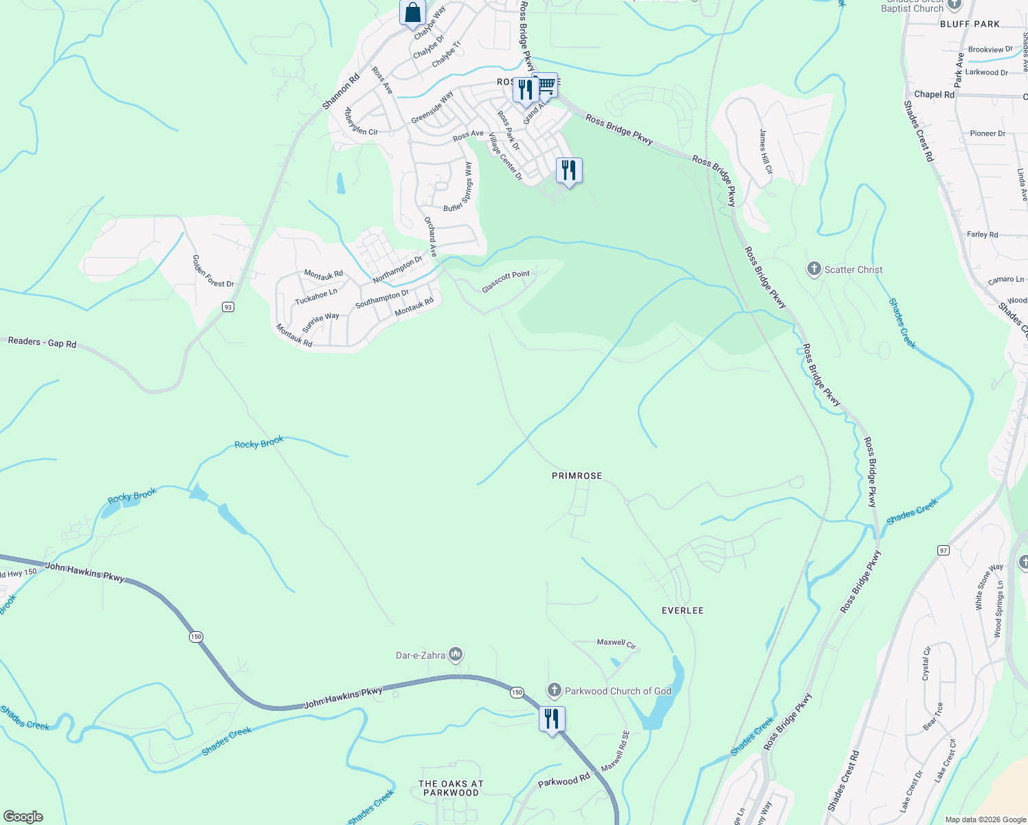 map of restaurants, bars, coffee shops, grocery stores, and more near 601 Maxwell Road Southeast in Bessemer