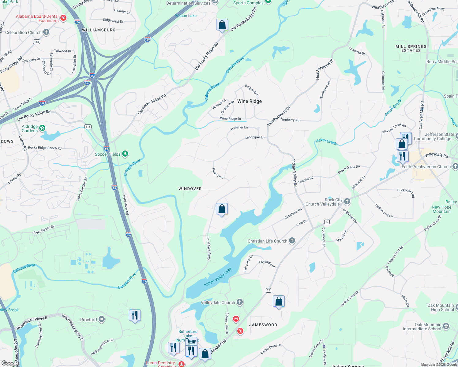 map of restaurants, bars, coffee shops, grocery stores, and more near 2013 Highlands Drive in Hoover