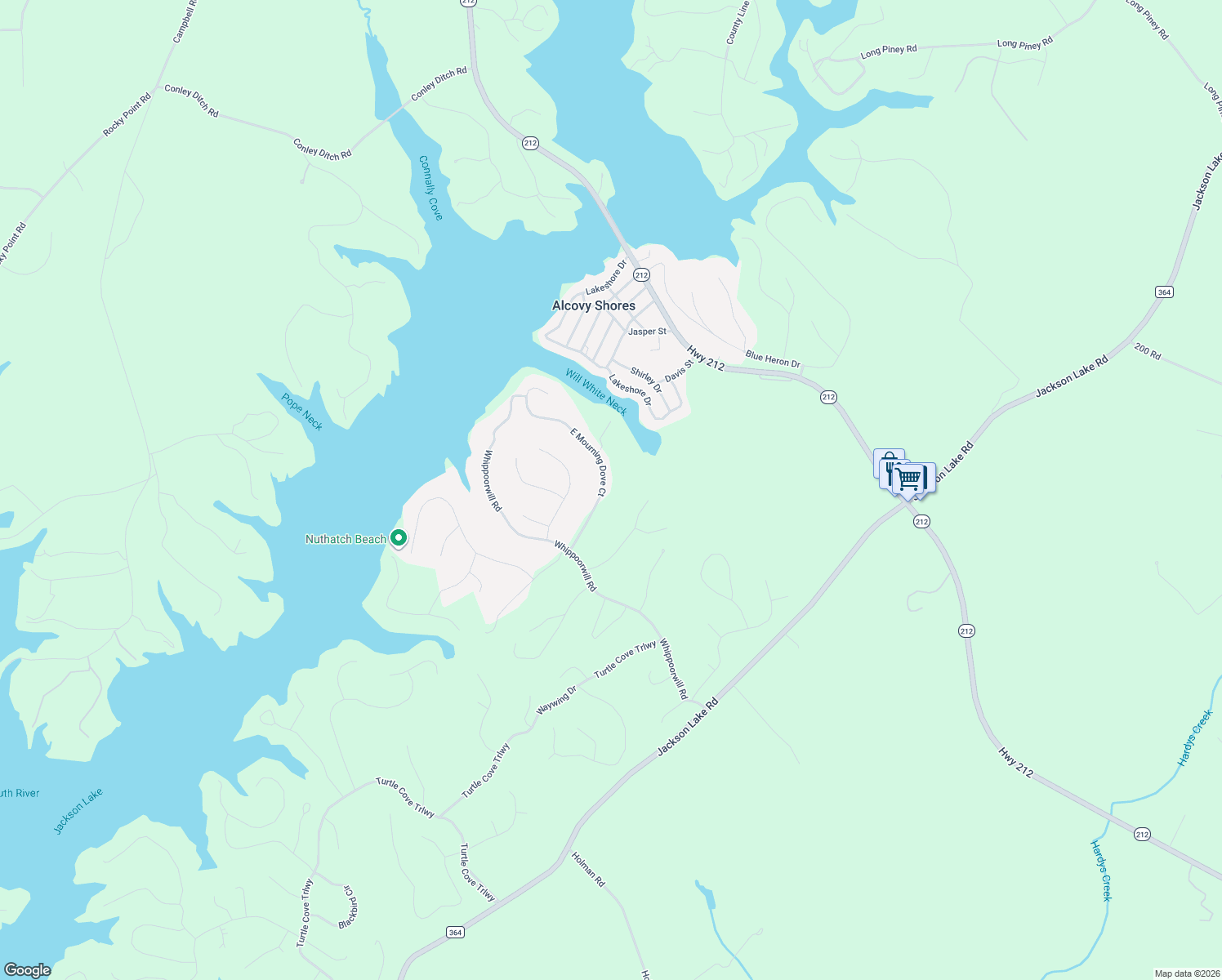map of restaurants, bars, coffee shops, grocery stores, and more near 246 East Mourning Dove Court in Monticello