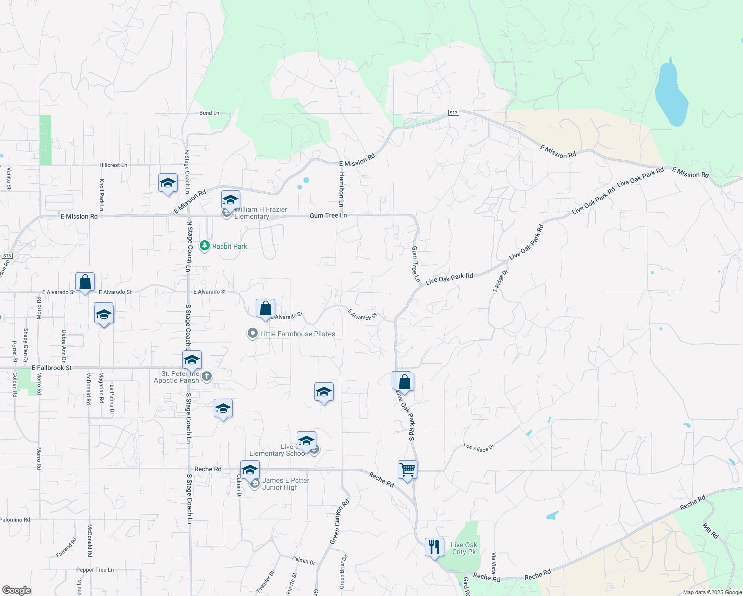 map of restaurants, bars, coffee shops, grocery stores, and more near 174 Vía De Casa in Fallbrook