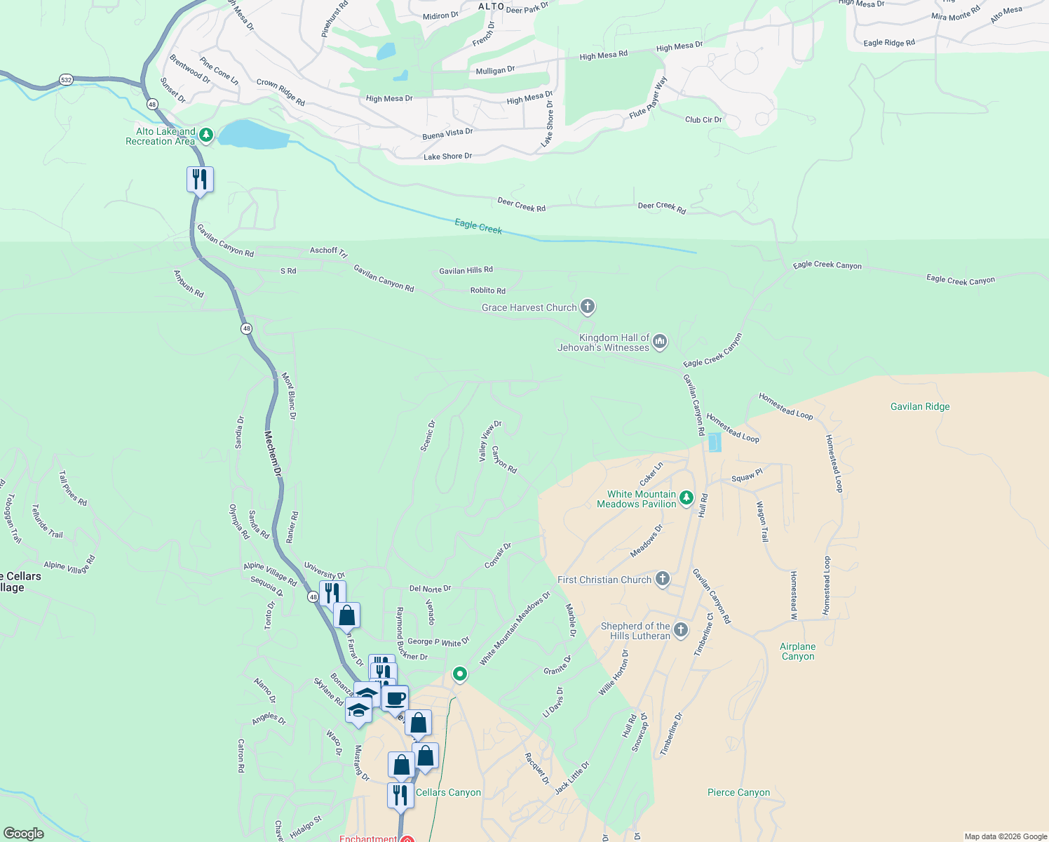 map of restaurants, bars, coffee shops, grocery stores, and more near 312 Valley View Drive in Ruidoso