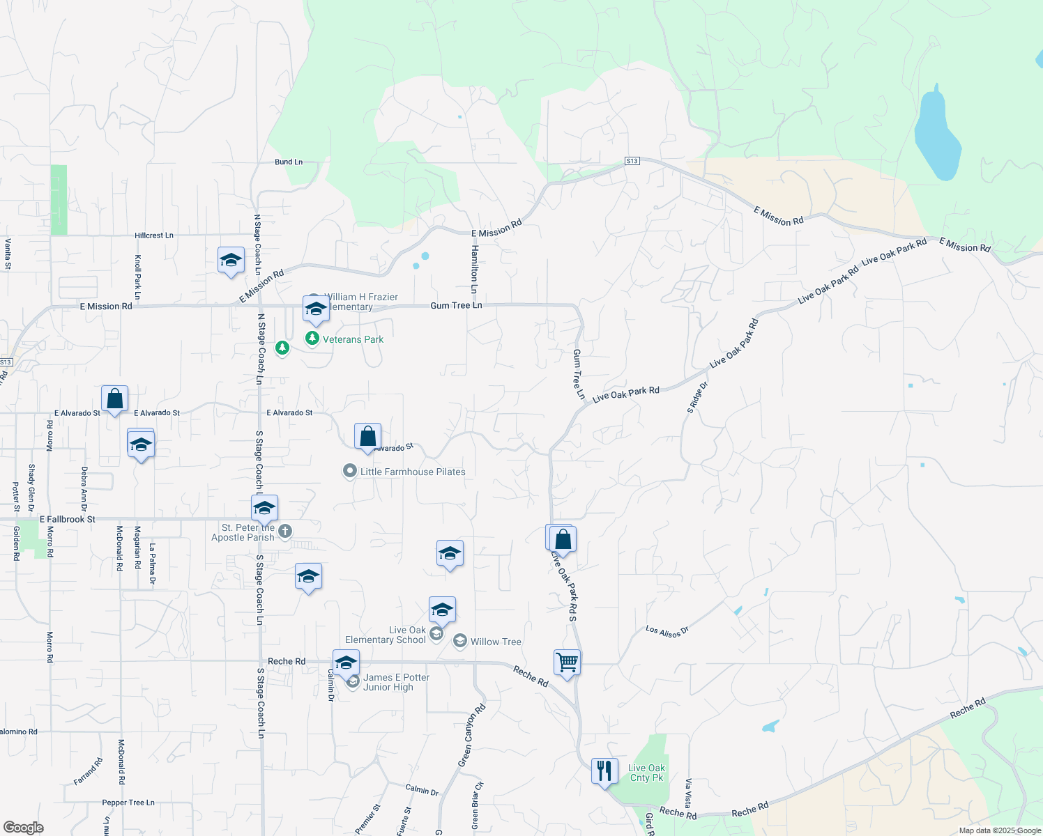 map of restaurants, bars, coffee shops, grocery stores, and more near 174 Vía De Casa in Fallbrook