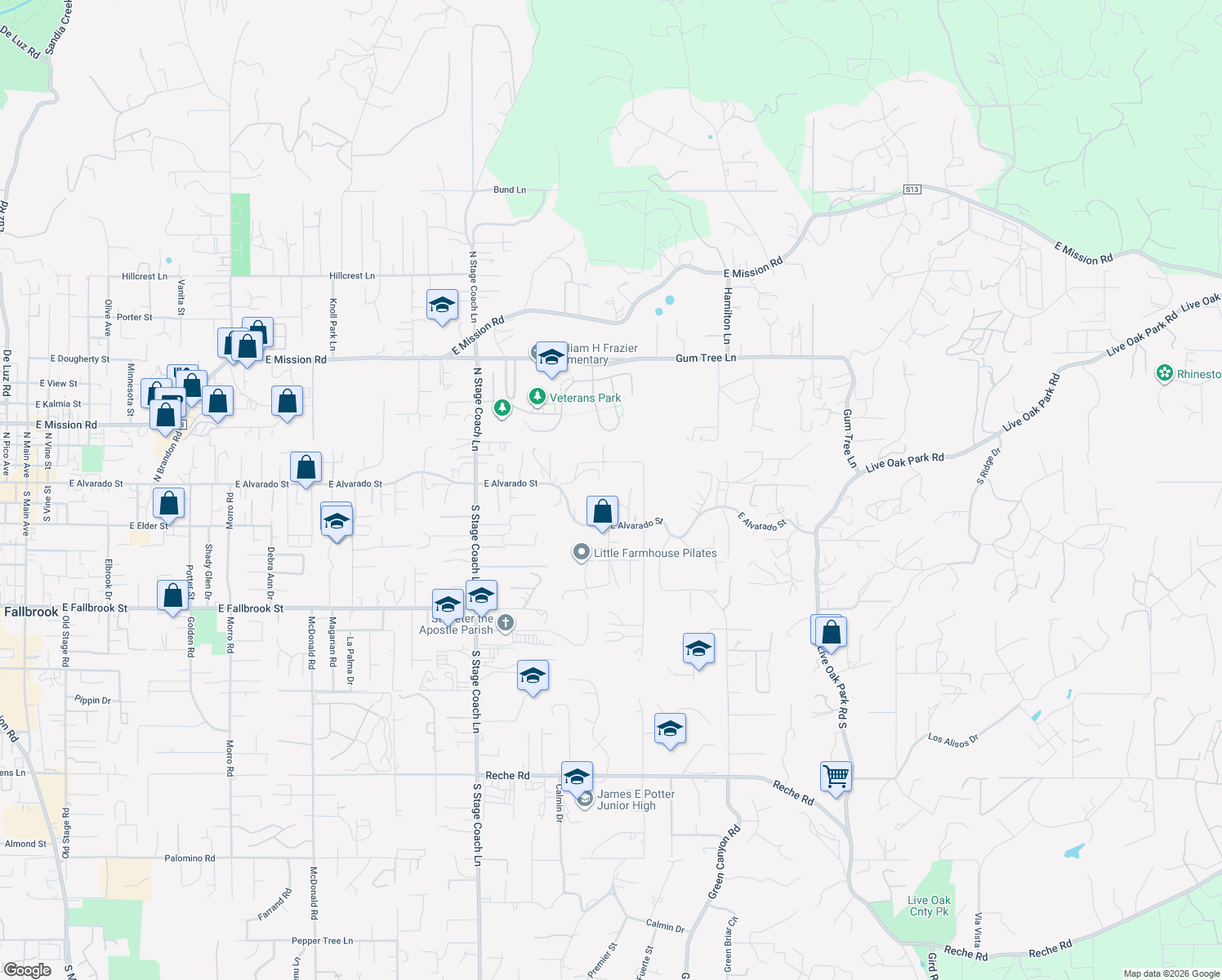 map of restaurants, bars, coffee shops, grocery stores, and more near 130 Orvil Way in Fallbrook