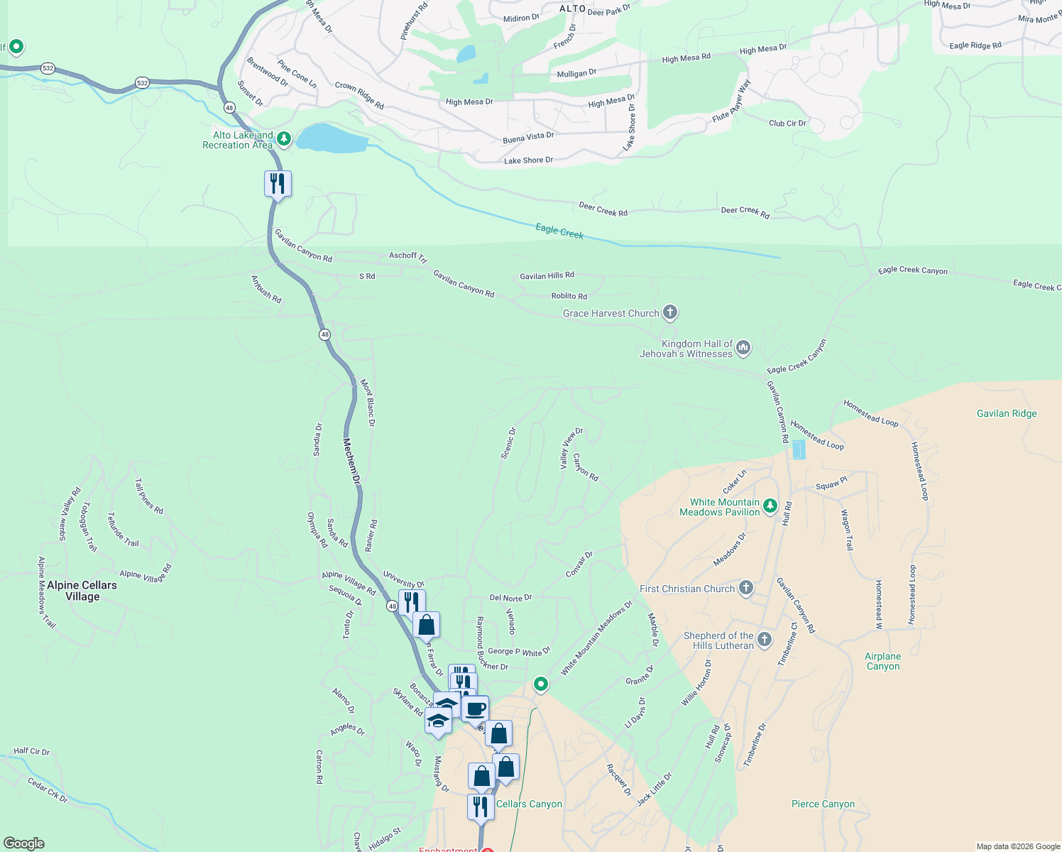 map of restaurants, bars, coffee shops, grocery stores, and more near 114-198 Scenic Dr in Ruidoso