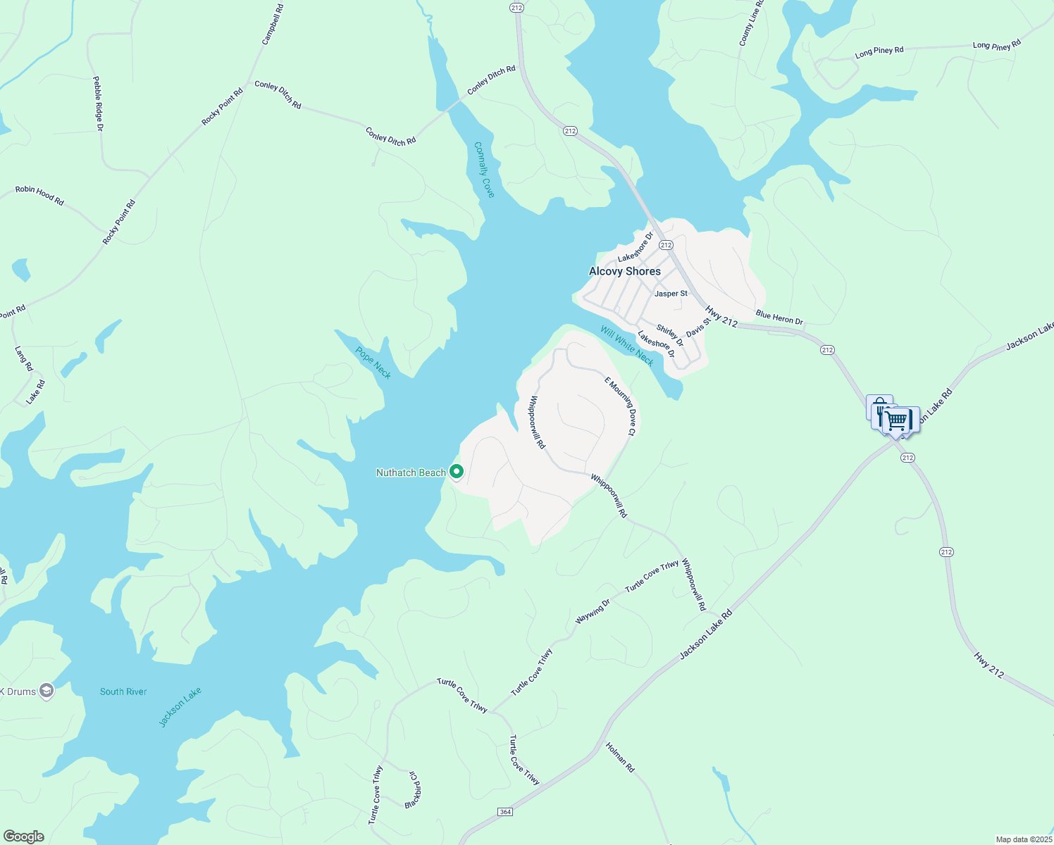 map of restaurants, bars, coffee shops, grocery stores, and more near 1019 Whippoorwill Road in Monticello