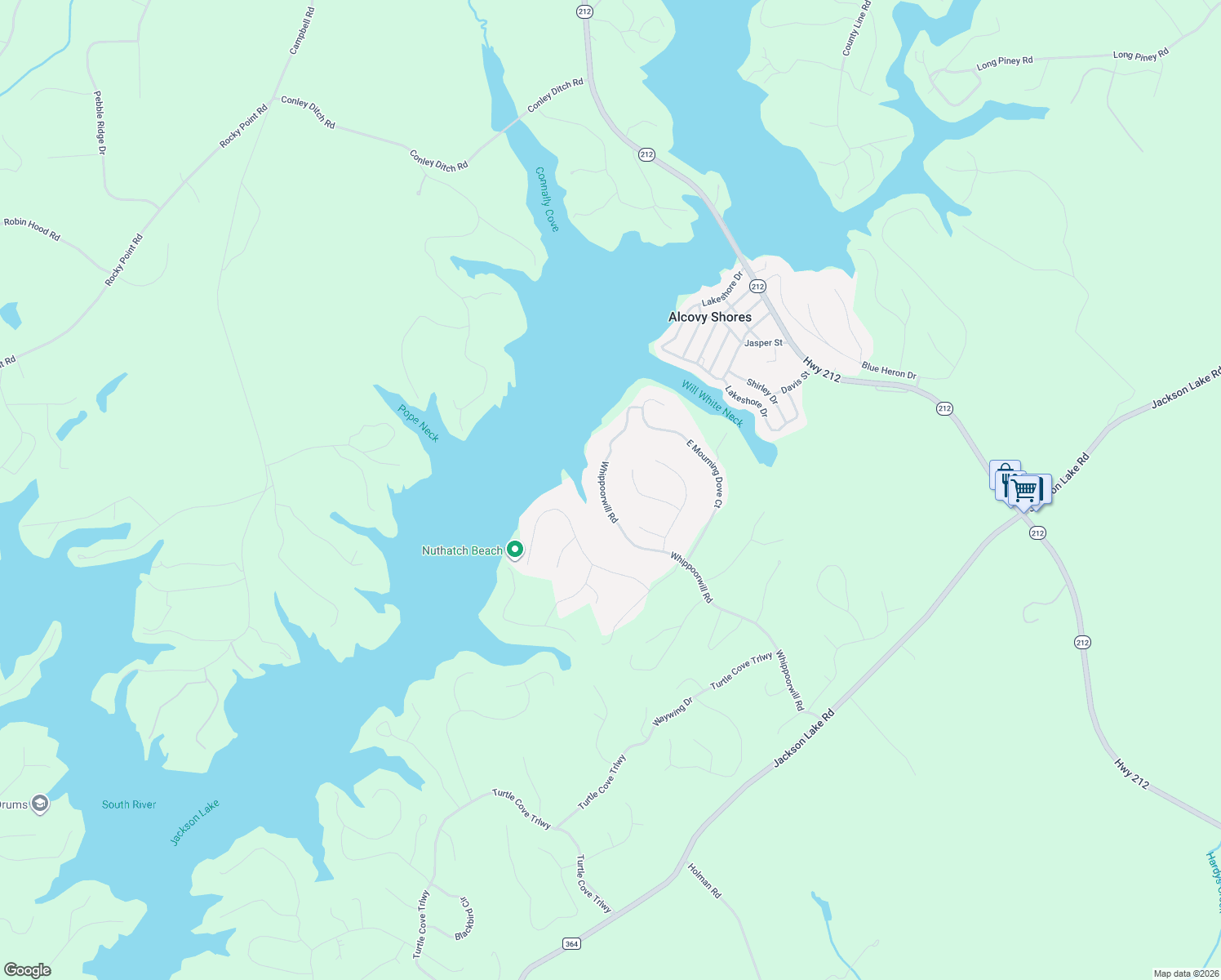 map of restaurants, bars, coffee shops, grocery stores, and more near 1018 Whippoorwill Road in Monticello