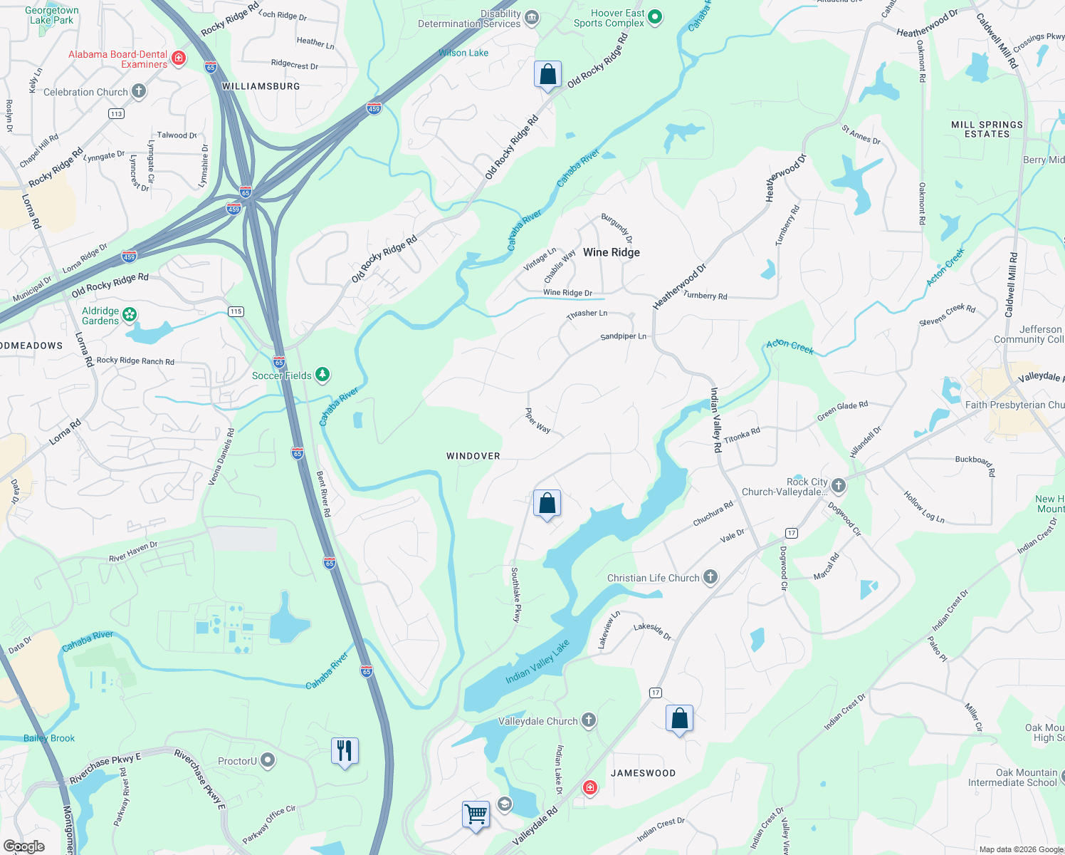 map of restaurants, bars, coffee shops, grocery stores, and more near 3012 Piper Way in Hoover