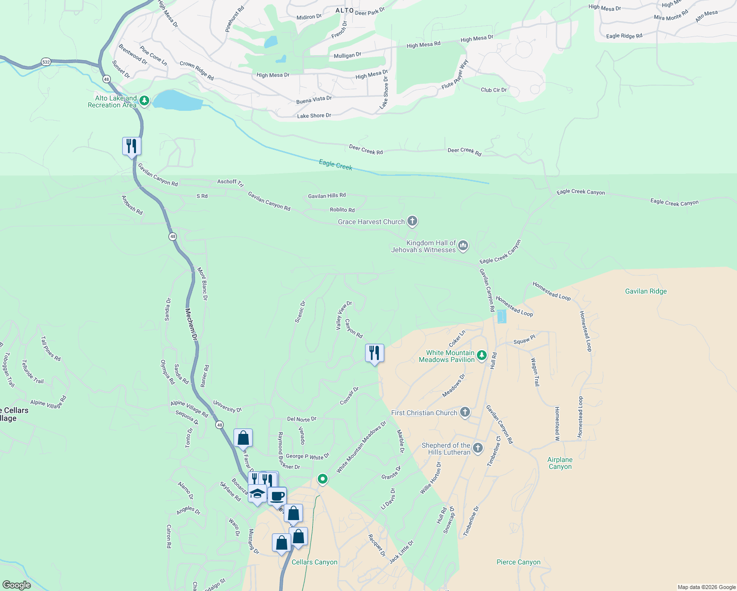 map of restaurants, bars, coffee shops, grocery stores, and more near 108 Circle Drive in Ruidoso