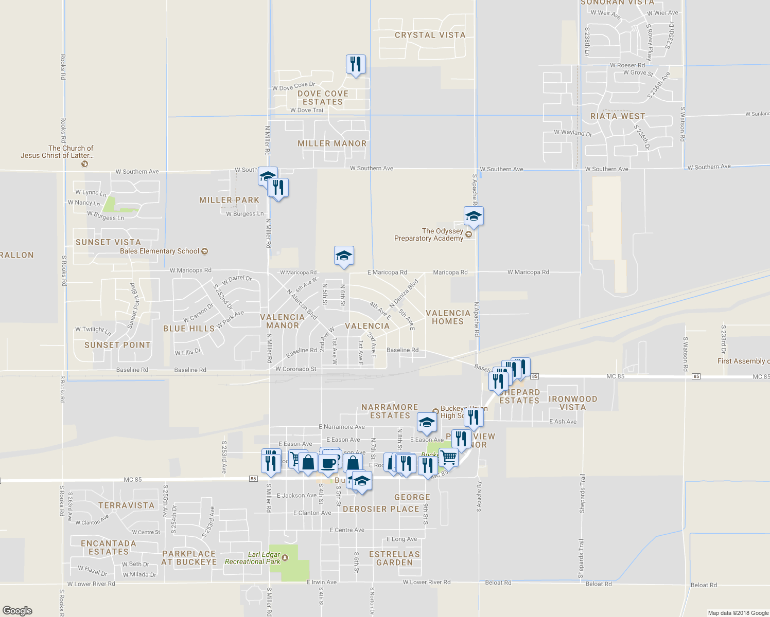 map of restaurants, bars, coffee shops, grocery stores, and more near 502 North Deniza Boulevard in Buckeye