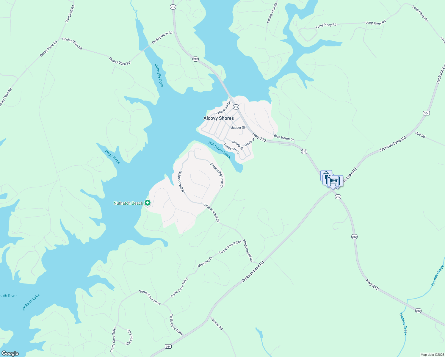 map of restaurants, bars, coffee shops, grocery stores, and more near 300 East Mourning Dove Court in Monticello