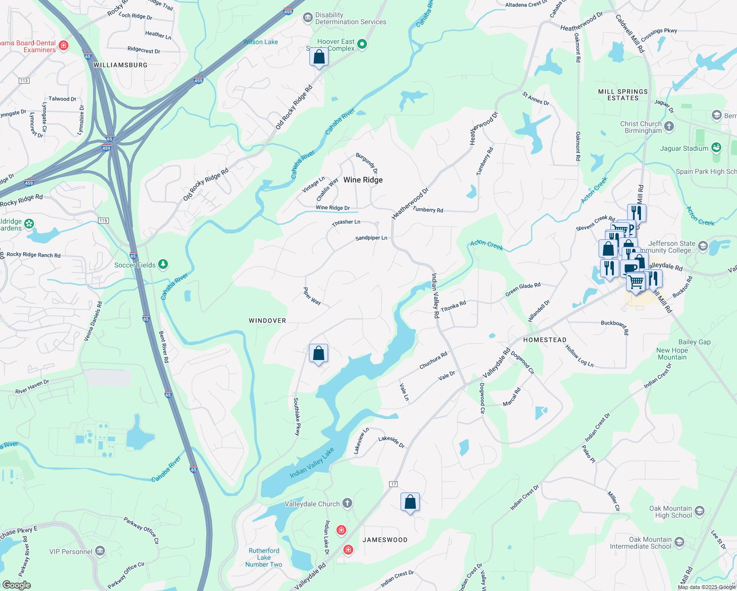 map of restaurants, bars, coffee shops, grocery stores, and more near 1109 Rolling Hills Circle in Hoover