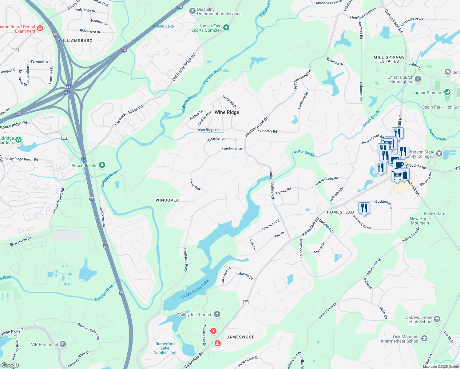 map of restaurants, bars, coffee shops, grocery stores, and more near 1109 Rolling Hills Circle in Hoover