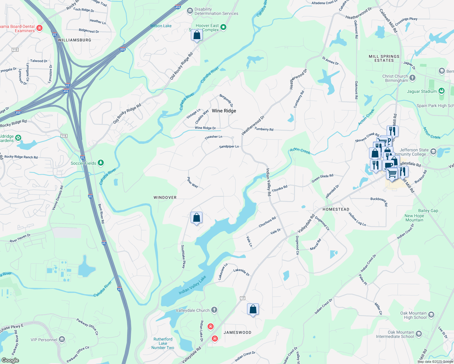 map of restaurants, bars, coffee shops, grocery stores, and more near 1109 Rolling Hills Circle in Hoover