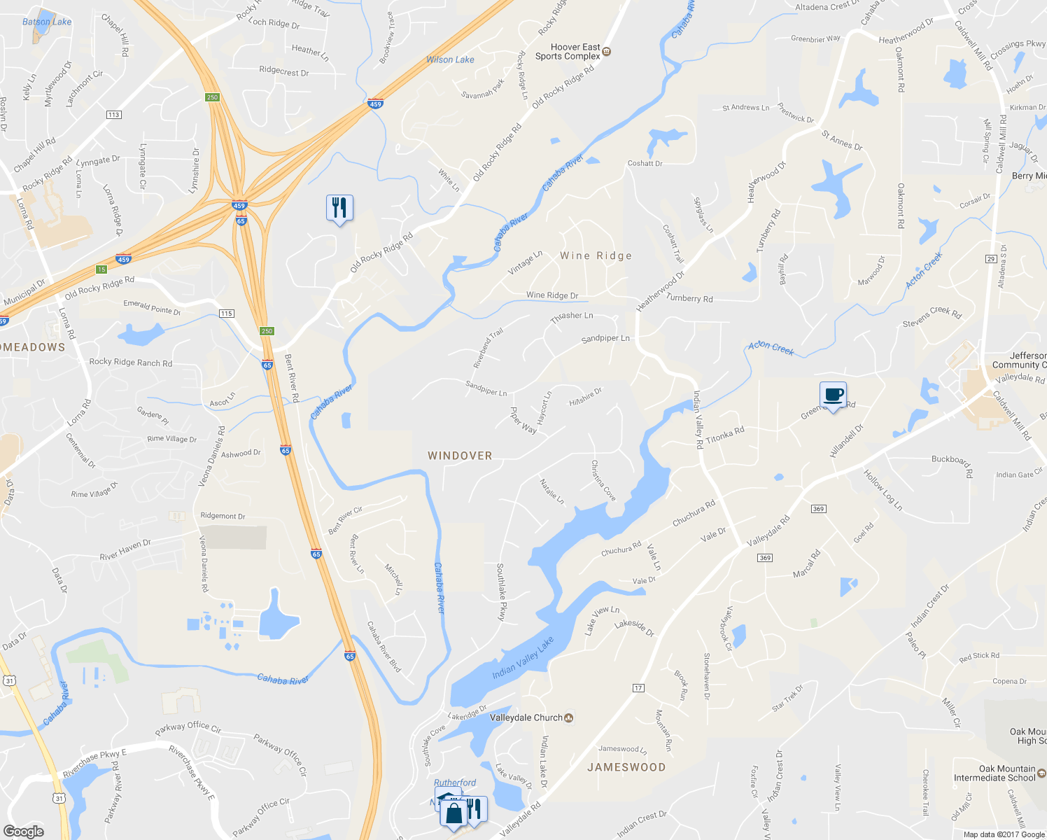 map of restaurants, bars, coffee shops, grocery stores, and more near 3012 Piper Way in Hoover