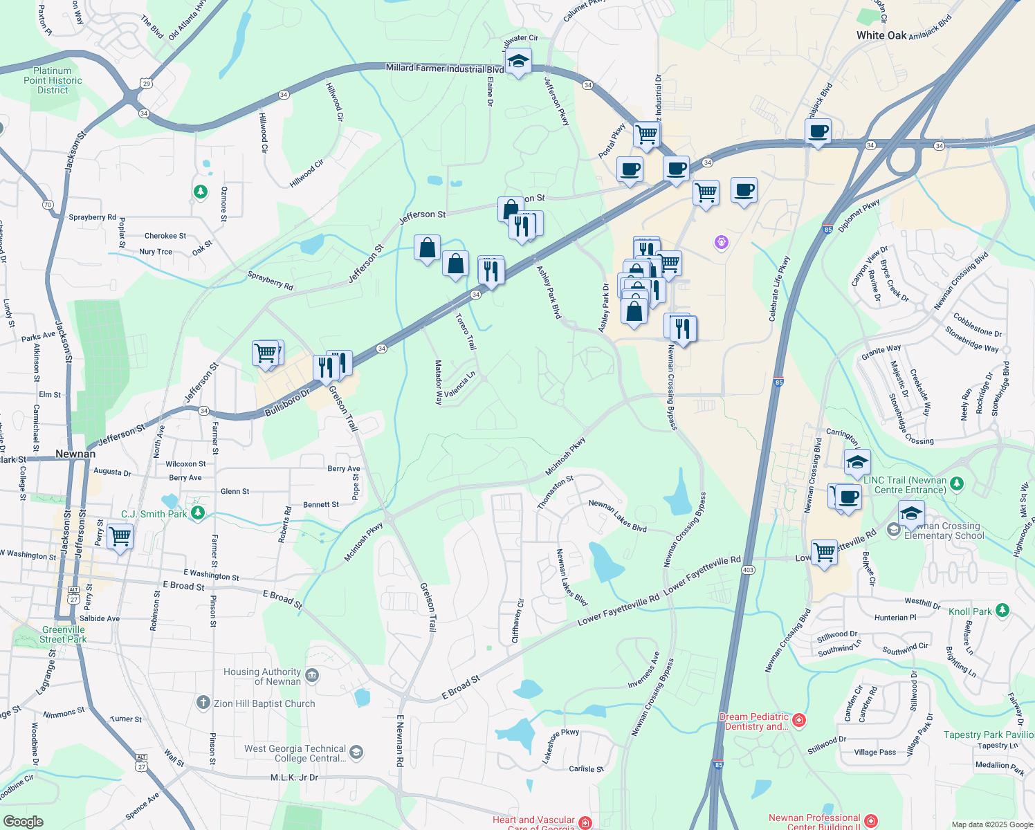 map of restaurants, bars, coffee shops, grocery stores, and more near 58 Torero Trail in Newnan