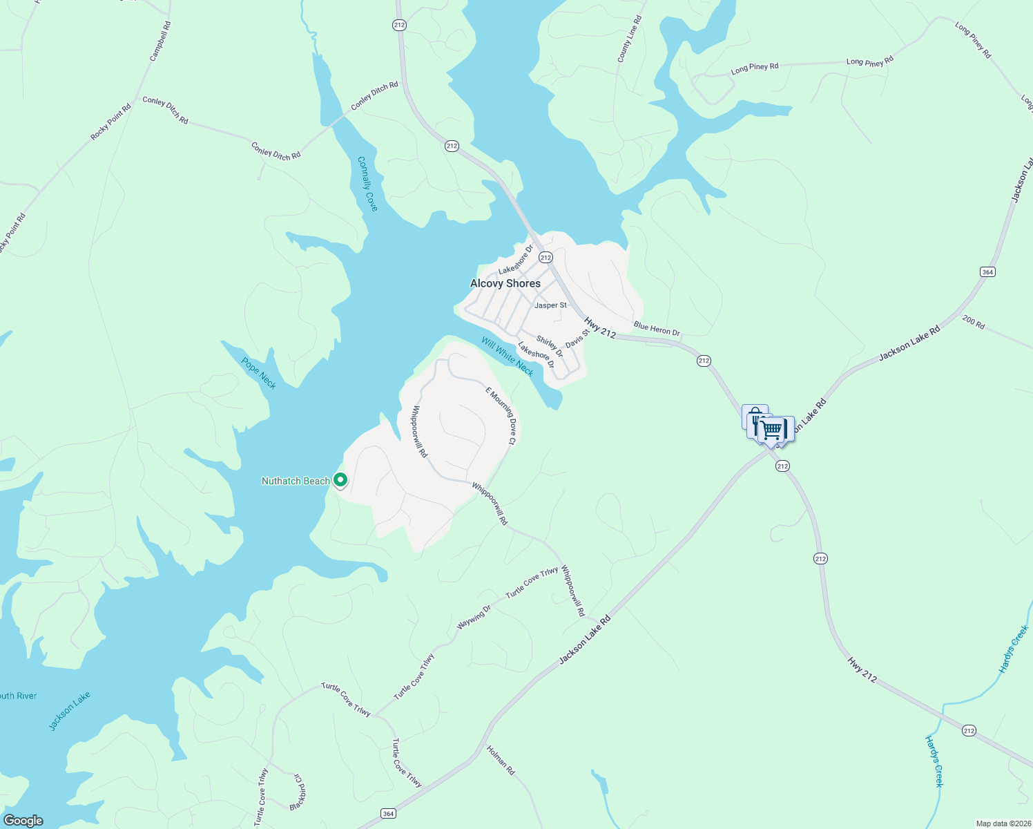 map of restaurants, bars, coffee shops, grocery stores, and more near 300 East Mourning Dove Court in Monticello
