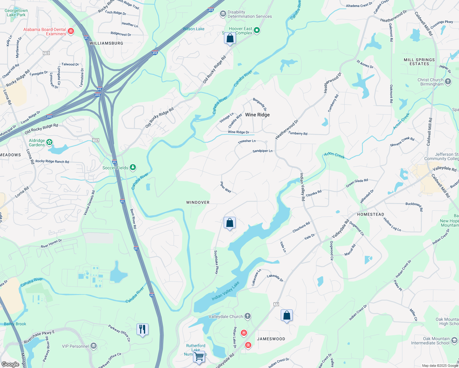 map of restaurants, bars, coffee shops, grocery stores, and more near 904 Thistledown Lane in Birmingham