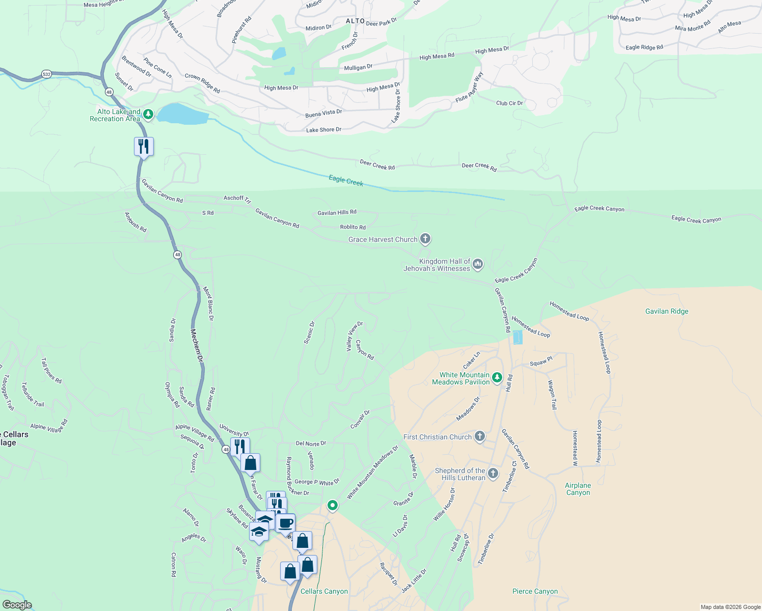 map of restaurants, bars, coffee shops, grocery stores, and more near 108 Circle Drive in Ruidoso