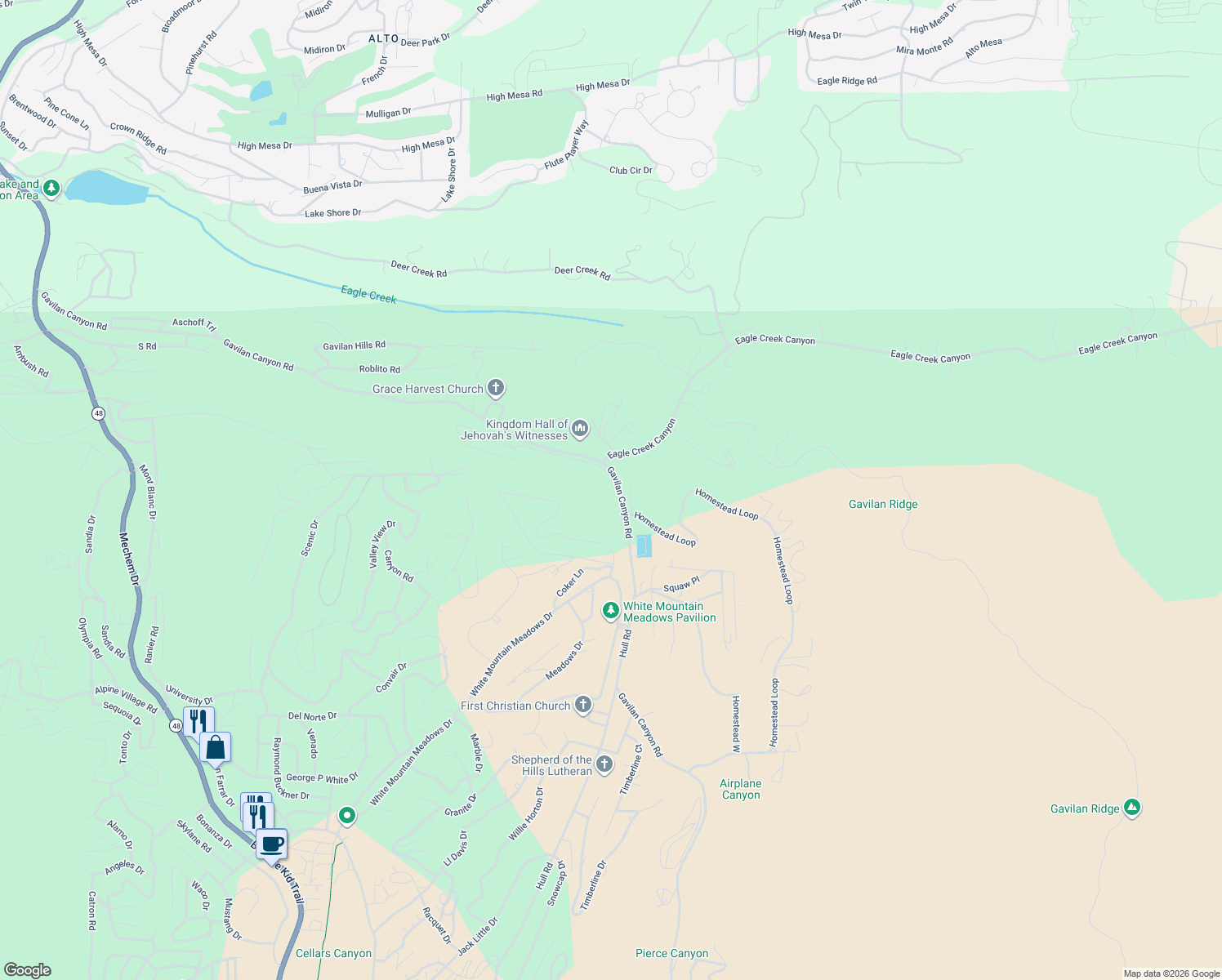 map of restaurants, bars, coffee shops, grocery stores, and more near Gavilan Canyon Road in Ruidoso