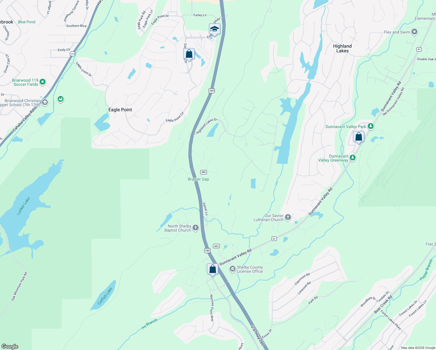 map of restaurants, bars, coffee shops, grocery stores, and more near 139 Oak Trail in Birmingham