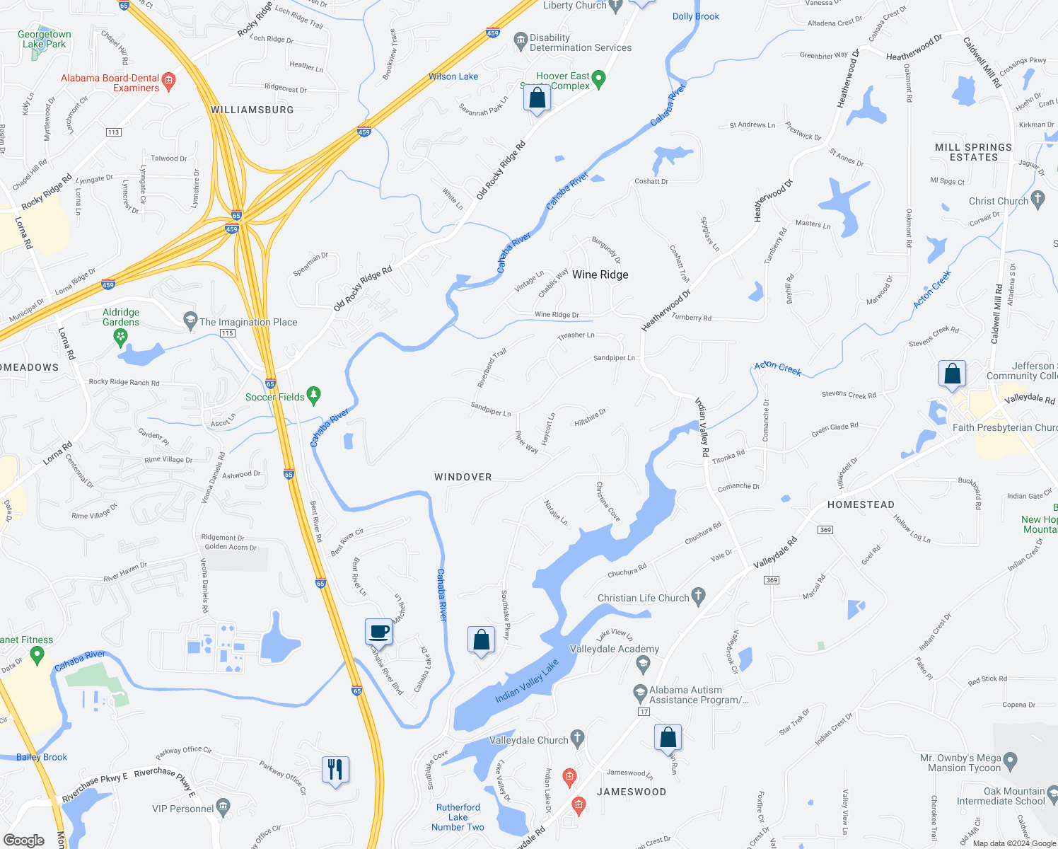 map of restaurants, bars, coffee shops, grocery stores, and more near 912 Thistledown Lane in Birmingham