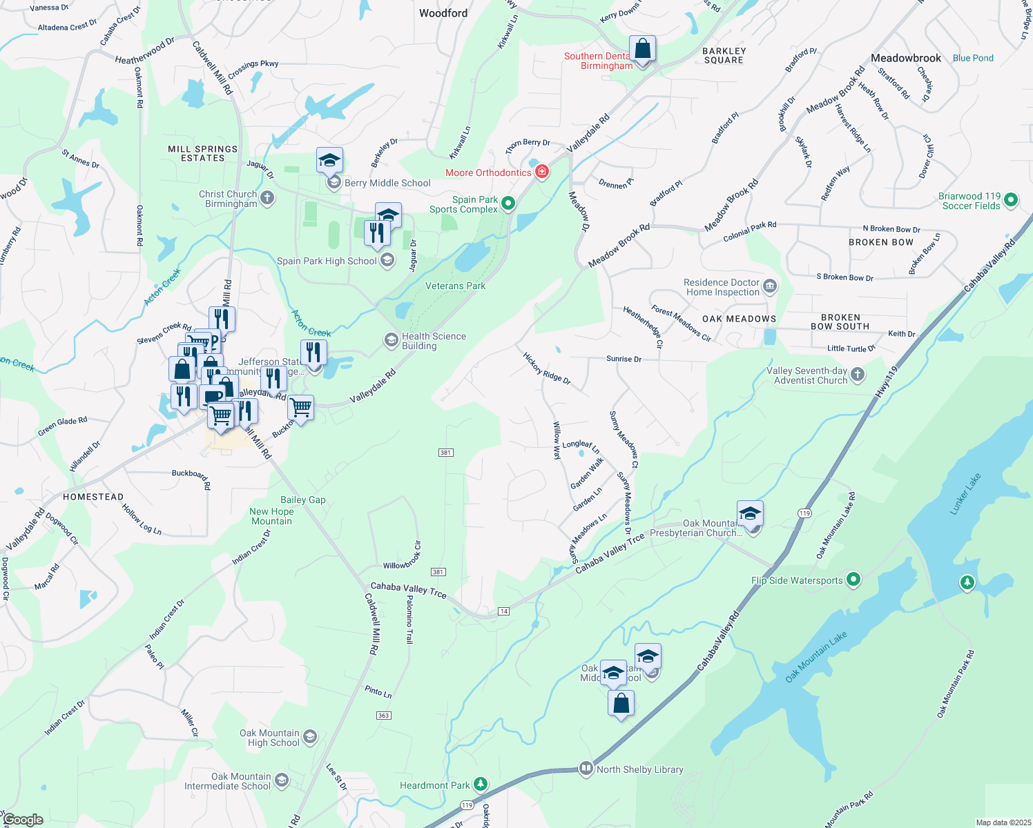 map of restaurants, bars, coffee shops, grocery stores, and more near 3215 Mountain Ridge Circle in Birmingham