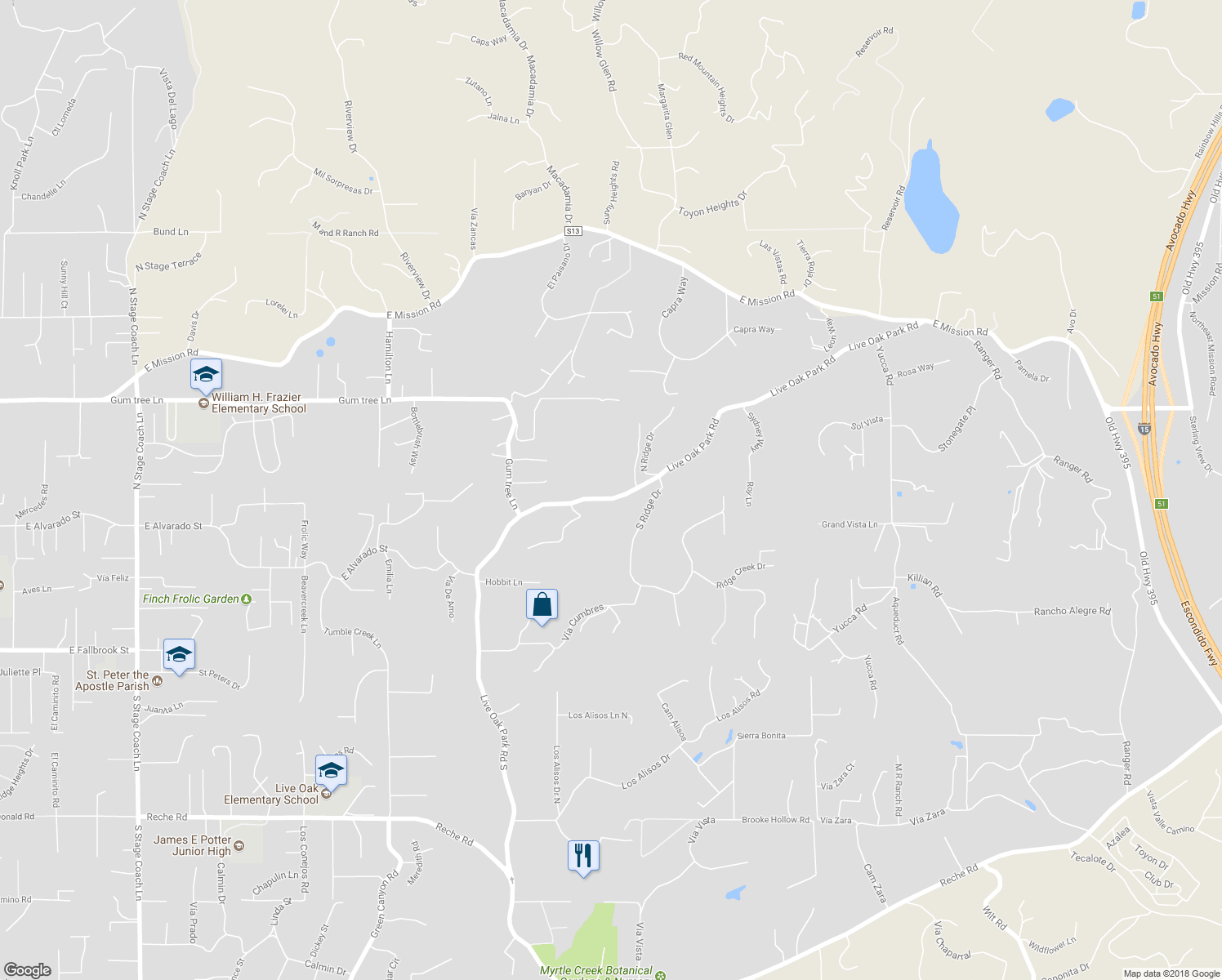 map of restaurants, bars, coffee shops, grocery stores, and more near 2832 Live Oak Park Road in Fallbrook