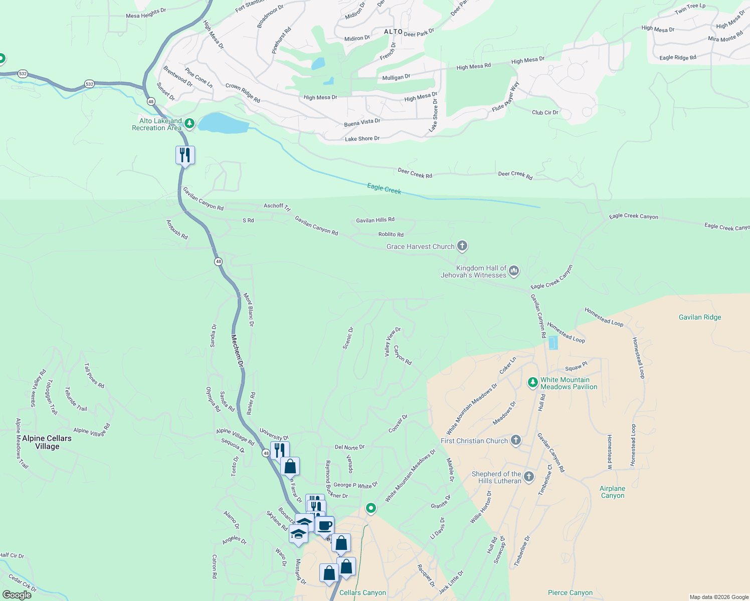 map of restaurants, bars, coffee shops, grocery stores, and more near 198 Scenic Dr in Ruidoso
