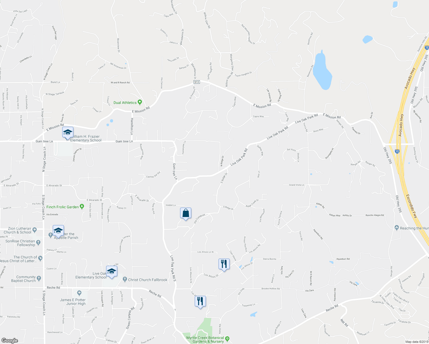 map of restaurants, bars, coffee shops, grocery stores, and more near 2844 Live Oak Park Road in Fallbrook