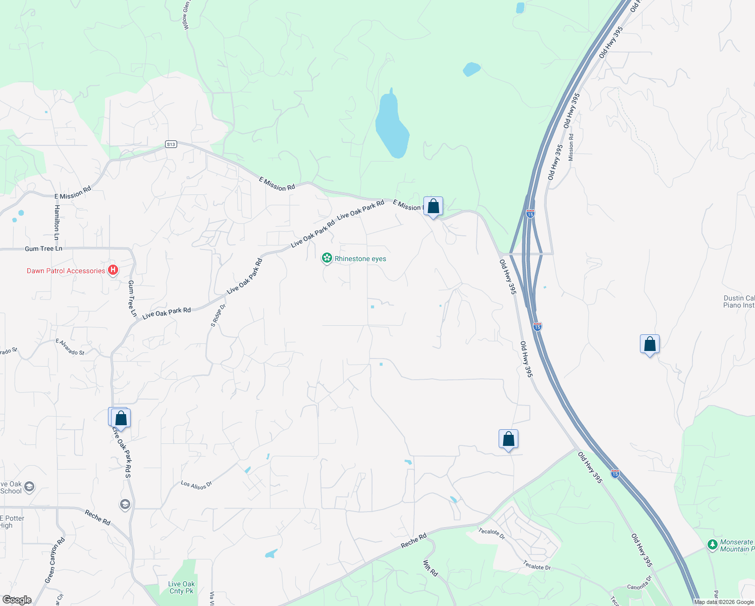 map of restaurants, bars, coffee shops, grocery stores, and more near 3563 Yucca Way in Fallbrook