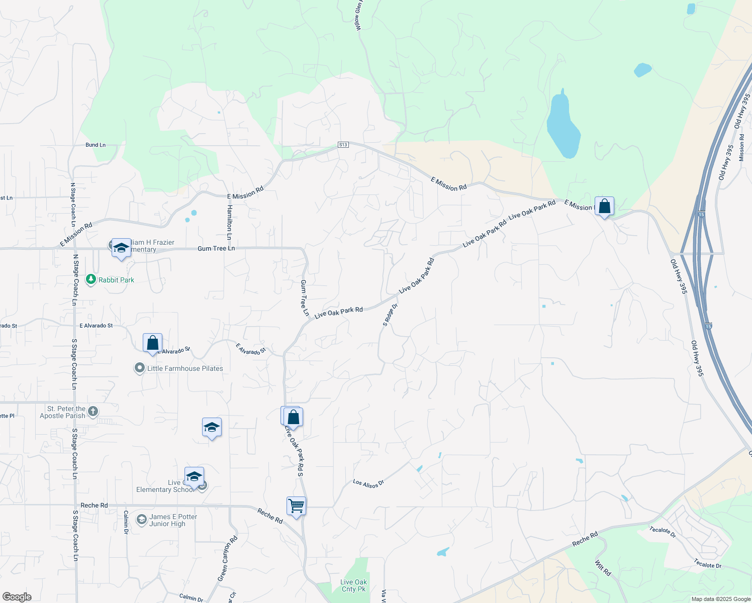 map of restaurants, bars, coffee shops, grocery stores, and more near 2844 Live Oak Park Road in Fallbrook
