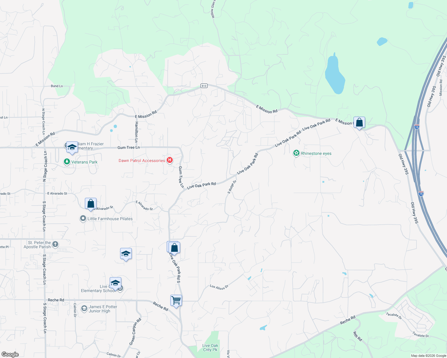 map of restaurants, bars, coffee shops, grocery stores, and more near 2844 Live Oak Park Road in Fallbrook