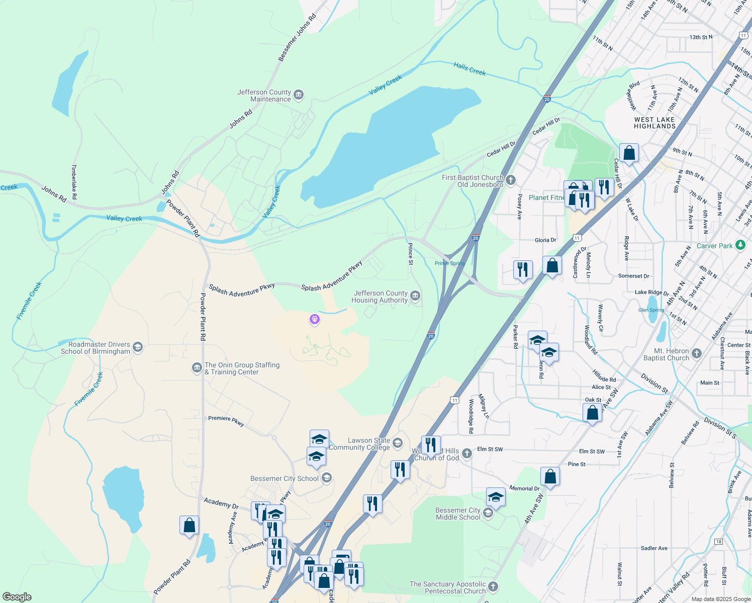 map of restaurants, bars, coffee shops, grocery stores, and more near 4567 Little Drive in Bessemer