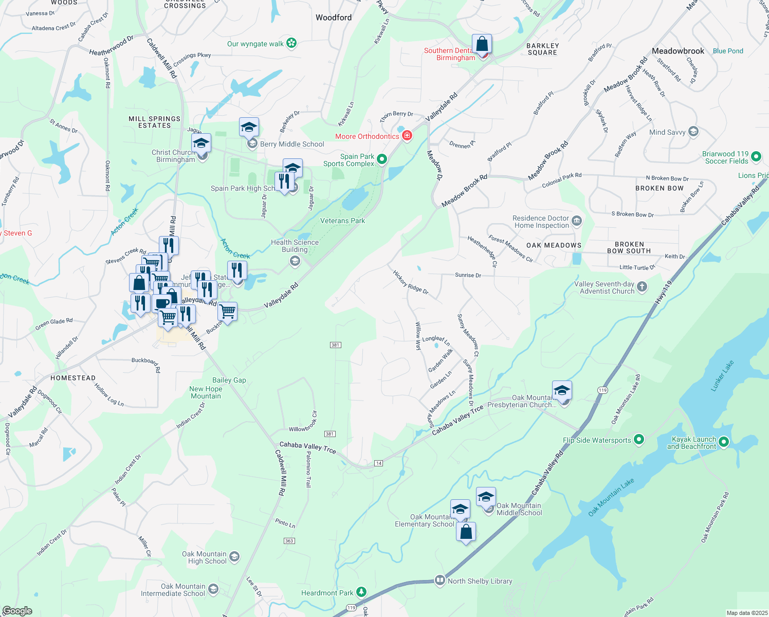 map of restaurants, bars, coffee shops, grocery stores, and more near 3215 Mountain Ridge Circle in Birmingham
