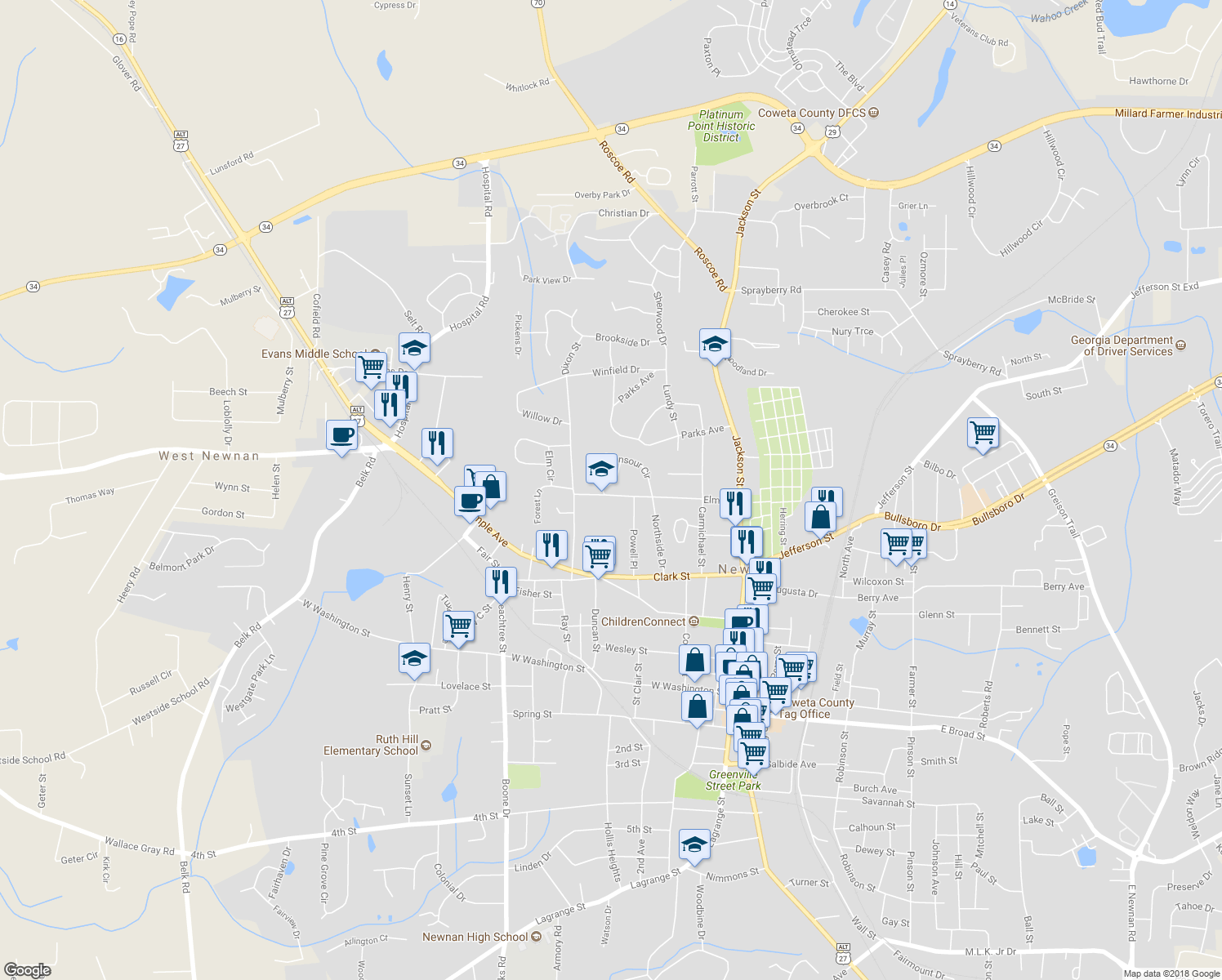 map of restaurants, bars, coffee shops, grocery stores, and more near 1 Ellis Way in Newnan