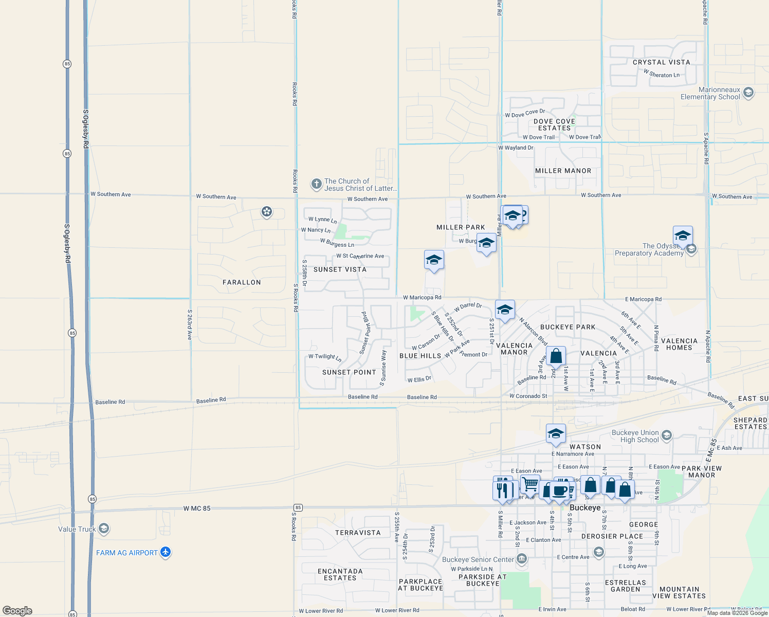 map of restaurants, bars, coffee shops, grocery stores, and more near 25549 W Northern Lights Way in Buckeye