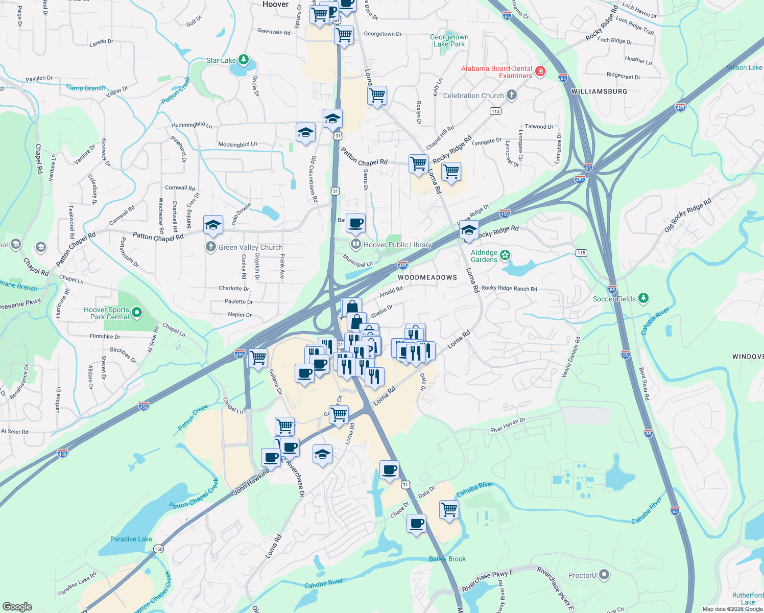 map of restaurants, bars, coffee shops, grocery stores, and more near 2019-2021 Shebia Dr in Hoover