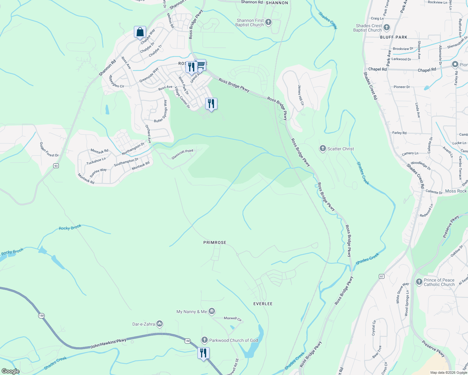 map of restaurants, bars, coffee shops, grocery stores, and more near 628 Maxwell Road Southeast in Birmingham