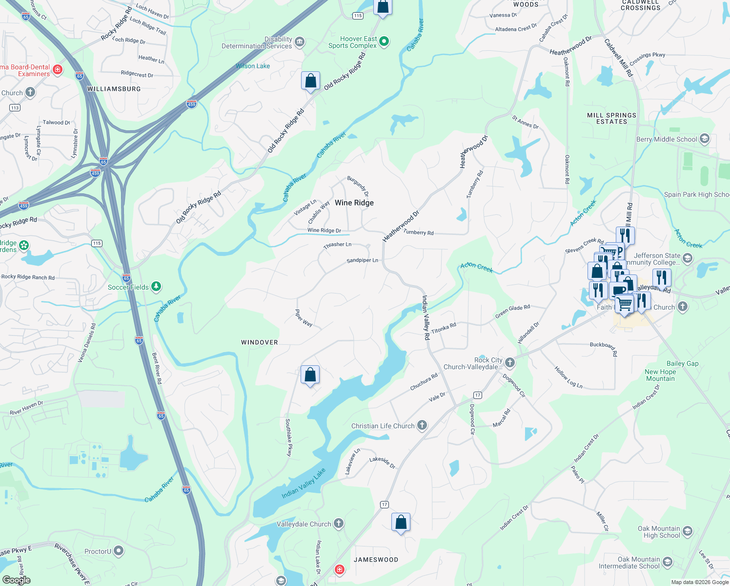 map of restaurants, bars, coffee shops, grocery stores, and more near 1100 Rolling Hills Circle in Birmingham