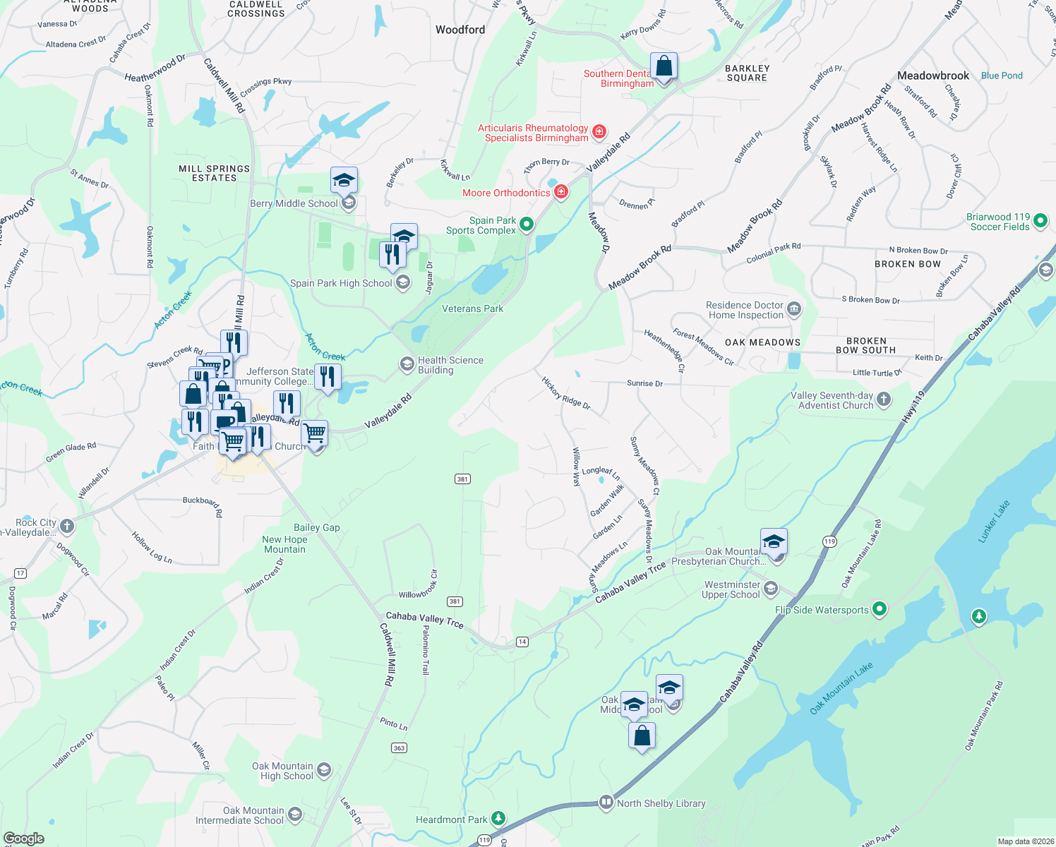map of restaurants, bars, coffee shops, grocery stores, and more near 3215 Mountain Ridge Circle in Birmingham