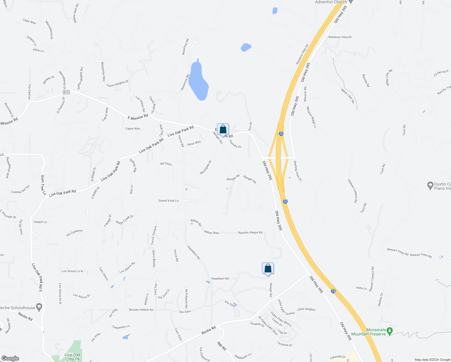 map of restaurants, bars, coffee shops, grocery stores, and more near 375 Ranger Road in Fallbrook