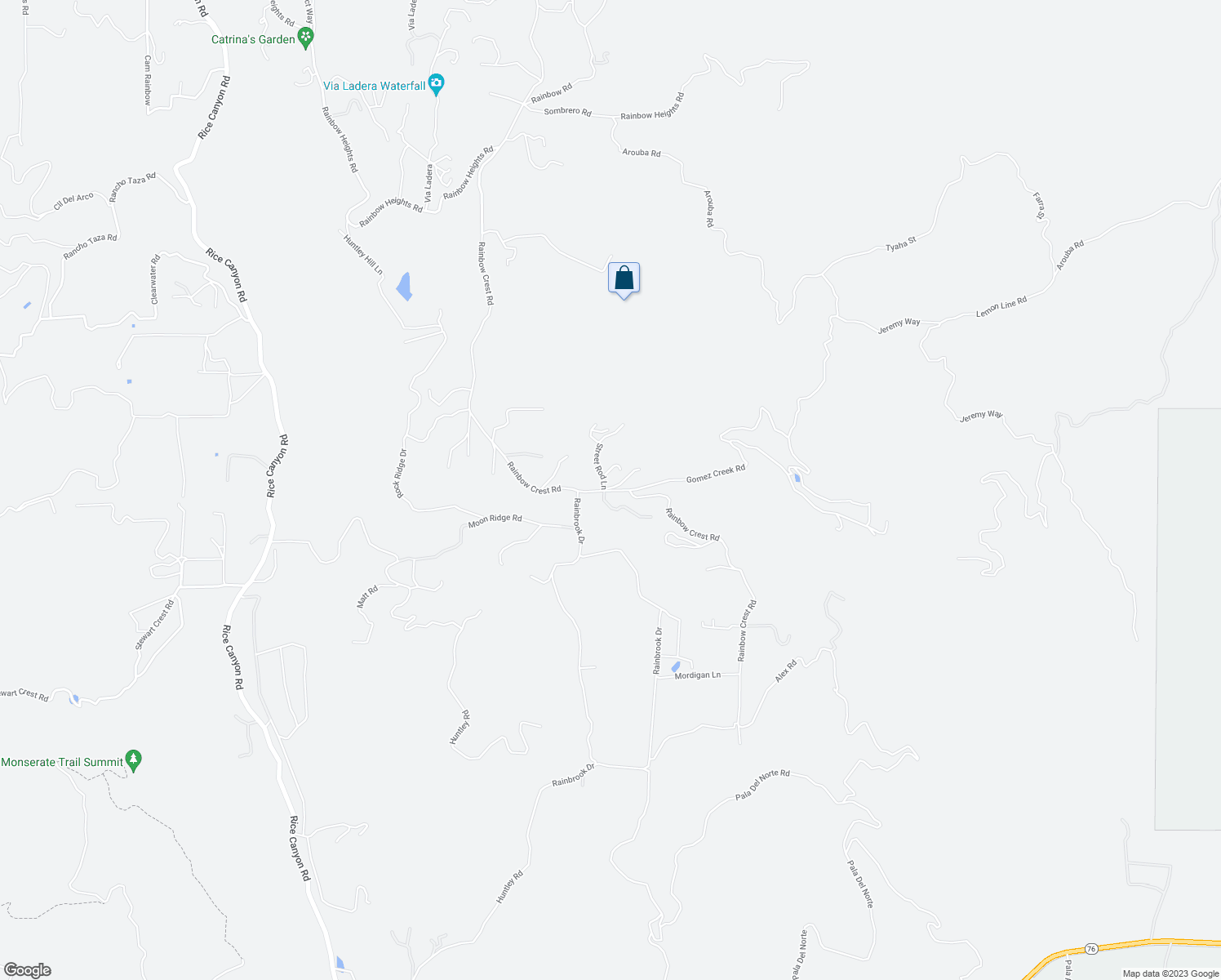 map of restaurants, bars, coffee shops, grocery stores, and more near Rainbow Crest Road in San Diego County