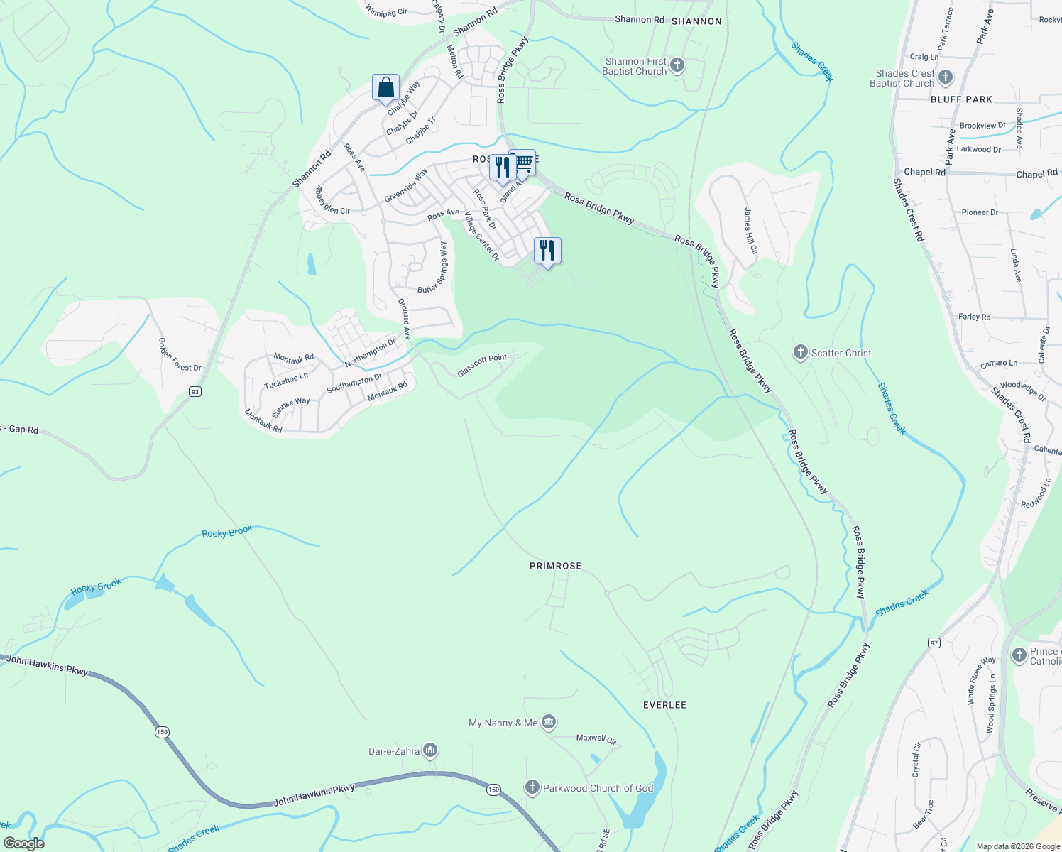 map of restaurants, bars, coffee shops, grocery stores, and more near 4250 Glasscott Crossing in Hoover